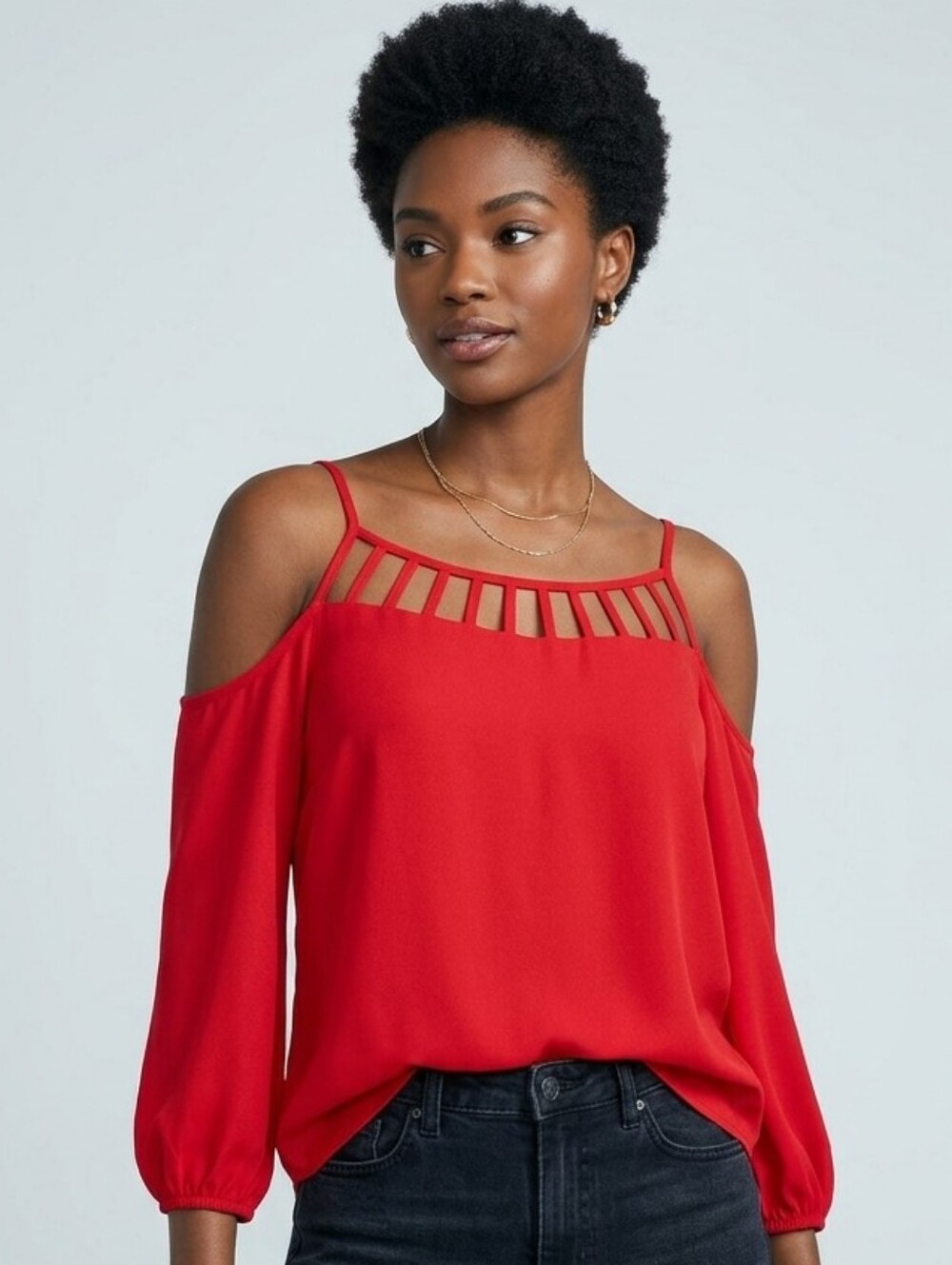Lily Morgan Red Cold Shoulder Cut-Out Strappy Blouse - Size size M